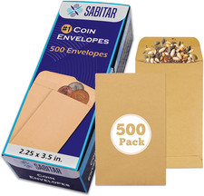  1 Coin Envelopes Durable Kraft 2.25"X3.5", 500 Pcs Small Key Envelope with Gumm