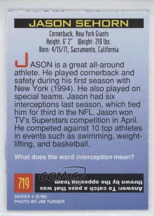 1998 Sports Illustrated for Kids Series 2 Jason Sehorn #719 - Image 2 of 2