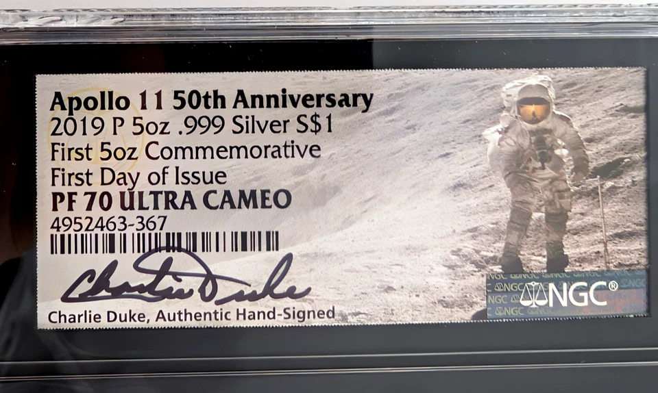 2019 P Apollo 11 Proof 5 Ounce Silver $1 NASA Charlie Duke Signed NGC PF70 FDOI - Image 2 of 4