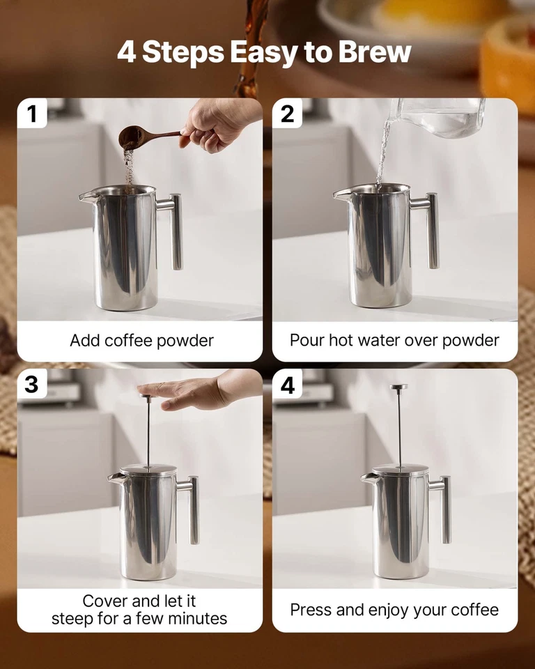 Prensa francesa de acero inoxidable 34 oz 1 L doble pared aislada cafetera y tetera Foto 4 de 4