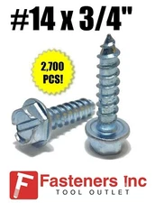 (Qty 2700) #14 x 3/4" Hex Washer Head Slotted Sheet Metal Screw Zinc Plated Bulk