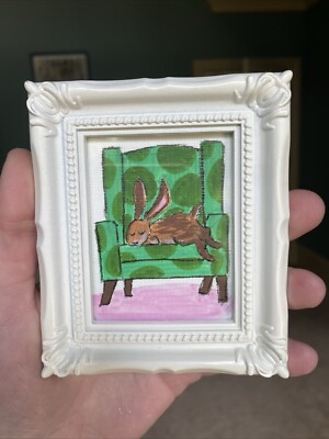Bunny,rabbit,cute,miniature,small, humor, 3/4 Painting On Paper,framed,funny