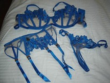 NWOT Honey Birdette Amelie Tunis Blue Bra Suspender Thong Set of 3 pcs