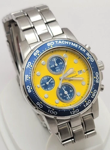 Vintage Seiko SNAB61 Chronograph Men's Watch Yellow Dial works