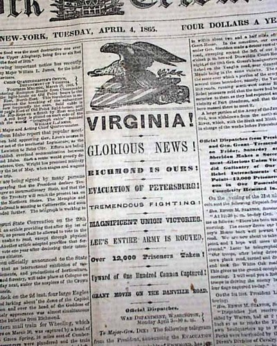 Historic FALL OF RICHMOND Confederate Capital Civil War Ending 1865 Newspaper