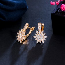 Shining Cubic Zircon Gold Plated Flower Earrings Stud Huggie Hoop Bridal Jewelry