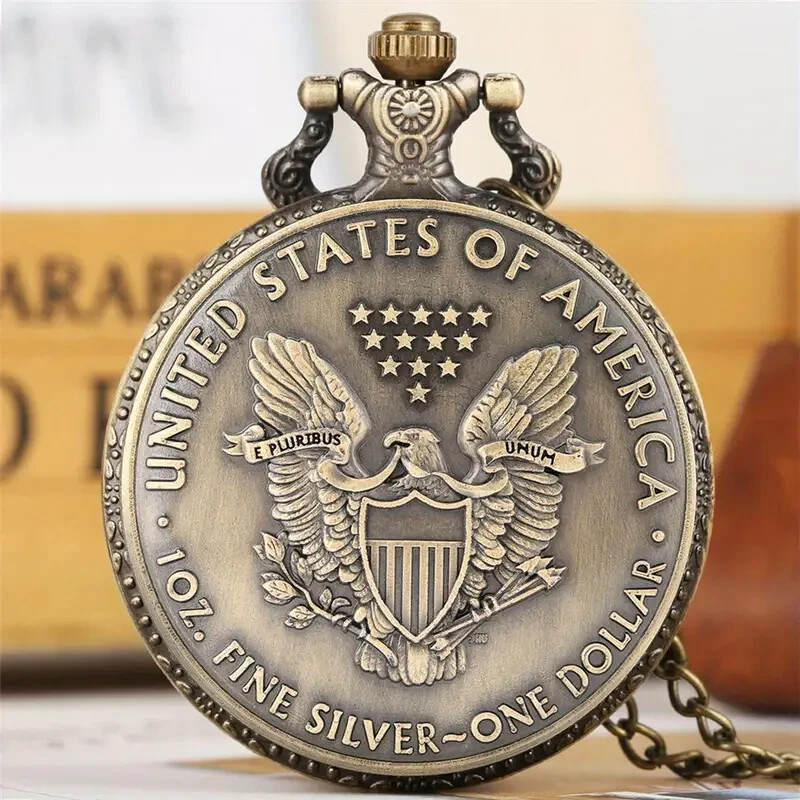 Vintage Bronze U.S. Coin Quartz Pocket Watch Necklace Pendant 80cm/ 31.5in Chain