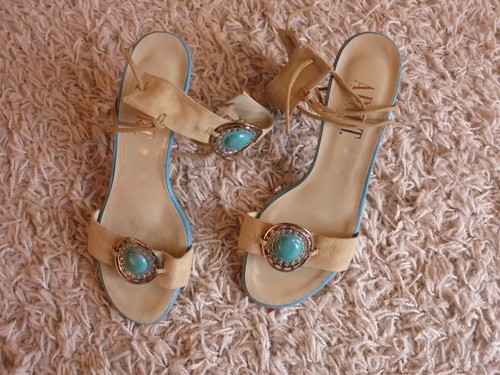 APART Leder High Heels Sling Sandalette Sandale Türkis Beige mit Verzierungen 39 - Bild 13 von 13