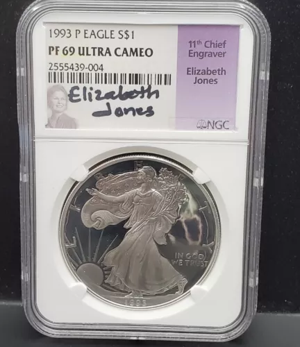 1993 P Proof Silver Eagle-NGC PF69 Ultra Cameo-Elizabeth Jones Signed Label 