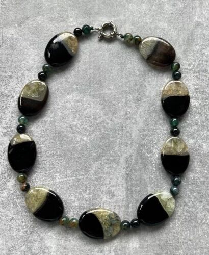 Ish Yellowish Green Black Fire Agate Dragon Veins Agate Necklace
