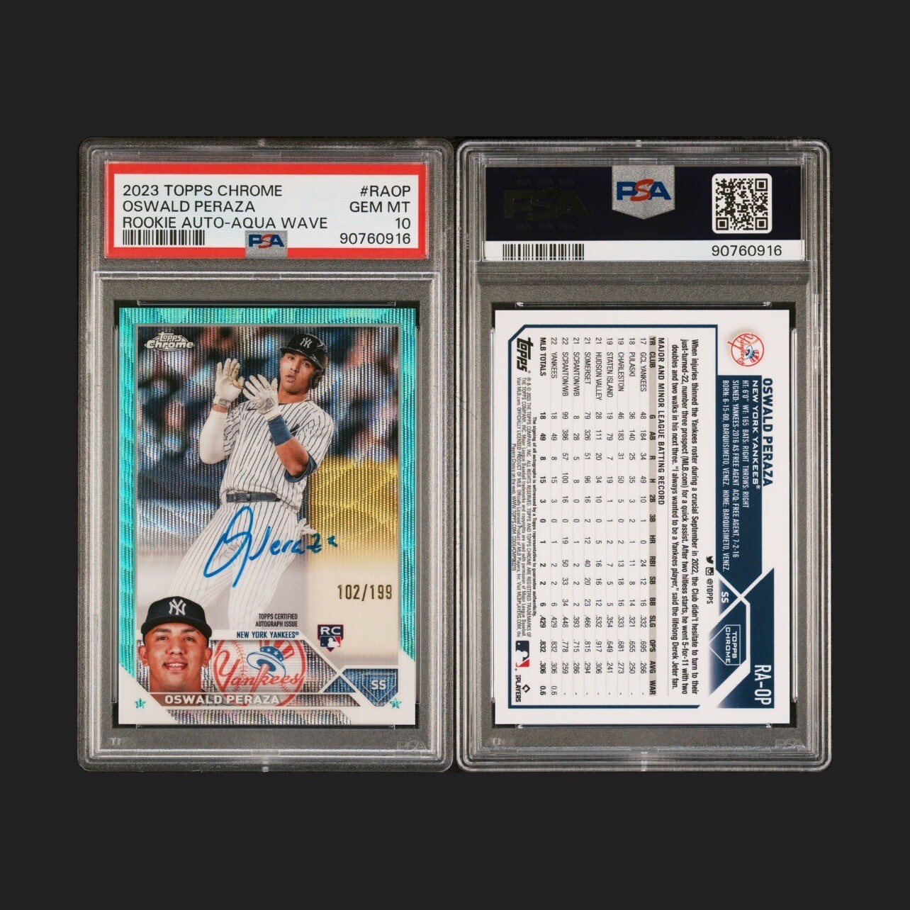 OSWALD PERAZA 2023 Topps Chrome #RA-OP Rookie Auto Aqua Wave /199 PSA 10 Yankees