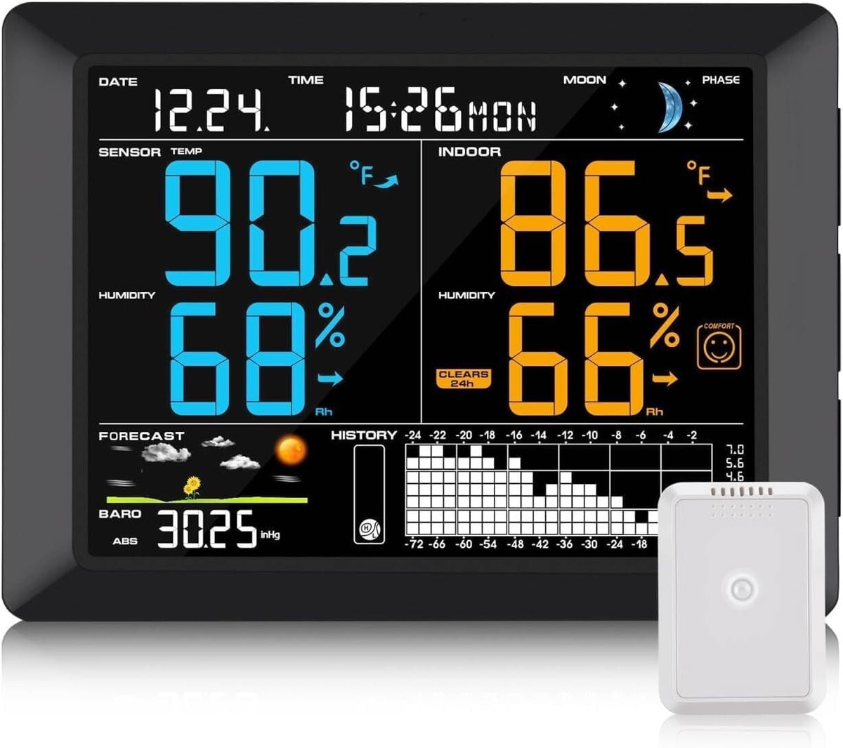Wireless Weather Station With Indoor/Outdoor Sensors – HD Color Display, Forecast, Atomic Clock, Moon Phase