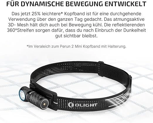 OLIGHT Perun 3 Mini Stirnlampe LED HCRI Kopflampe Rotlicht IPX8 Outdoor Schwarz - Bild 2 von 4