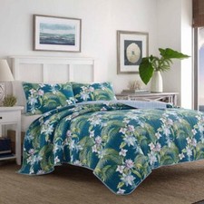 Tommy Bahama Quilt Set King Floral Cotton Southern Breeze 3-Piece Indigo Blue