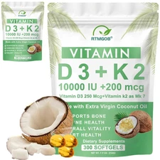 Microingredients Vitamin D3 10000 iu K2 (MK-7) 200 mcg, 300 Coconut Oil Softgels