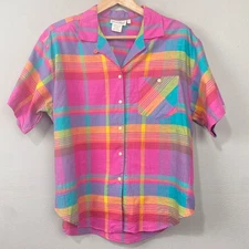 Vintage 80s Laura Mae Plaid Shirt Sz L Pink Retro Western Twee Maximalist Cabin