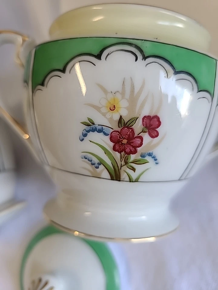Vtg Noritake japan tea set green Bands Gold Lines Floral sugar cream  - Image 4 of 4