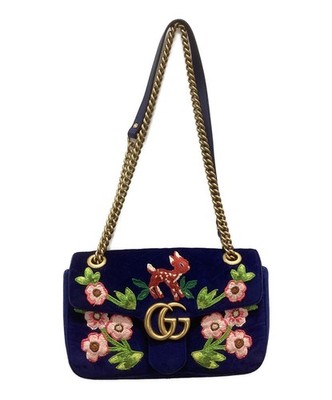 Gucci GG Marmont Bambi Flower Embroidery Chain Chain Shoulder Bag Navy 443497