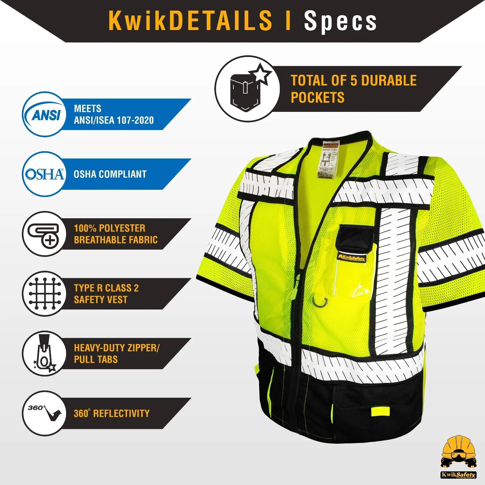 KwikSafety SPECIALIST Safety Vest (Multi-Use Pockets) Class 3 ANSI OSHA Hi Vis - product detail image 5