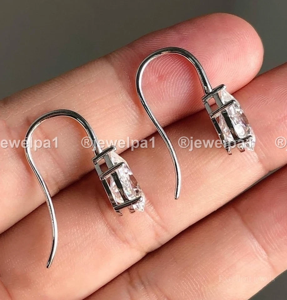 Solid 14K White Gold Moissanite Drop/Dangle Earrings VVS1 Pear Cut 2 CT For Her - Image 3 of 4