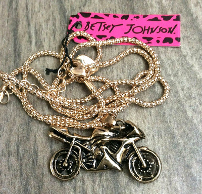 Betsey Johnson Gold Racing Motorcycle Pendant on a Gold Chain Necklace New Item!