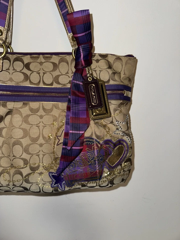 Bolso de Hombro COACH Tartán Cuadros Caqui Marrón Púrpura Amapola Pop C'S  Foto 2 de 4