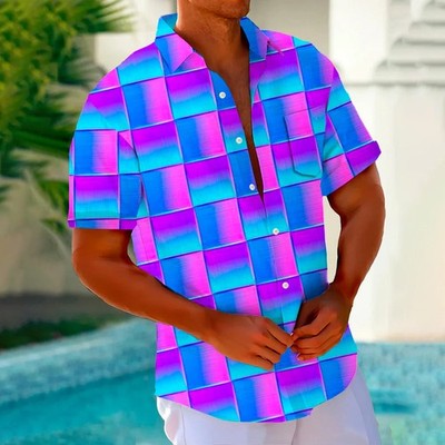 Hawaiian Geometric Gradient 3D Print Mens Button Pocket Short Sleeve Shirt