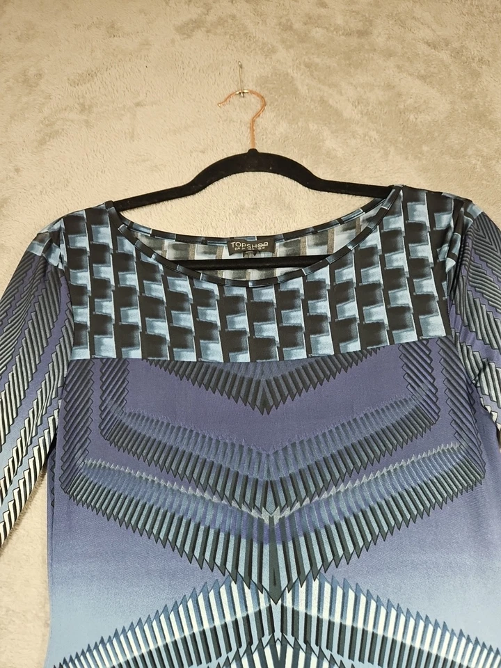 Topshop Elegante Vestido Barroco Estampado Geométrico Bodycon Negro Tonos de Azul Talla 8 Foto 4 de 4