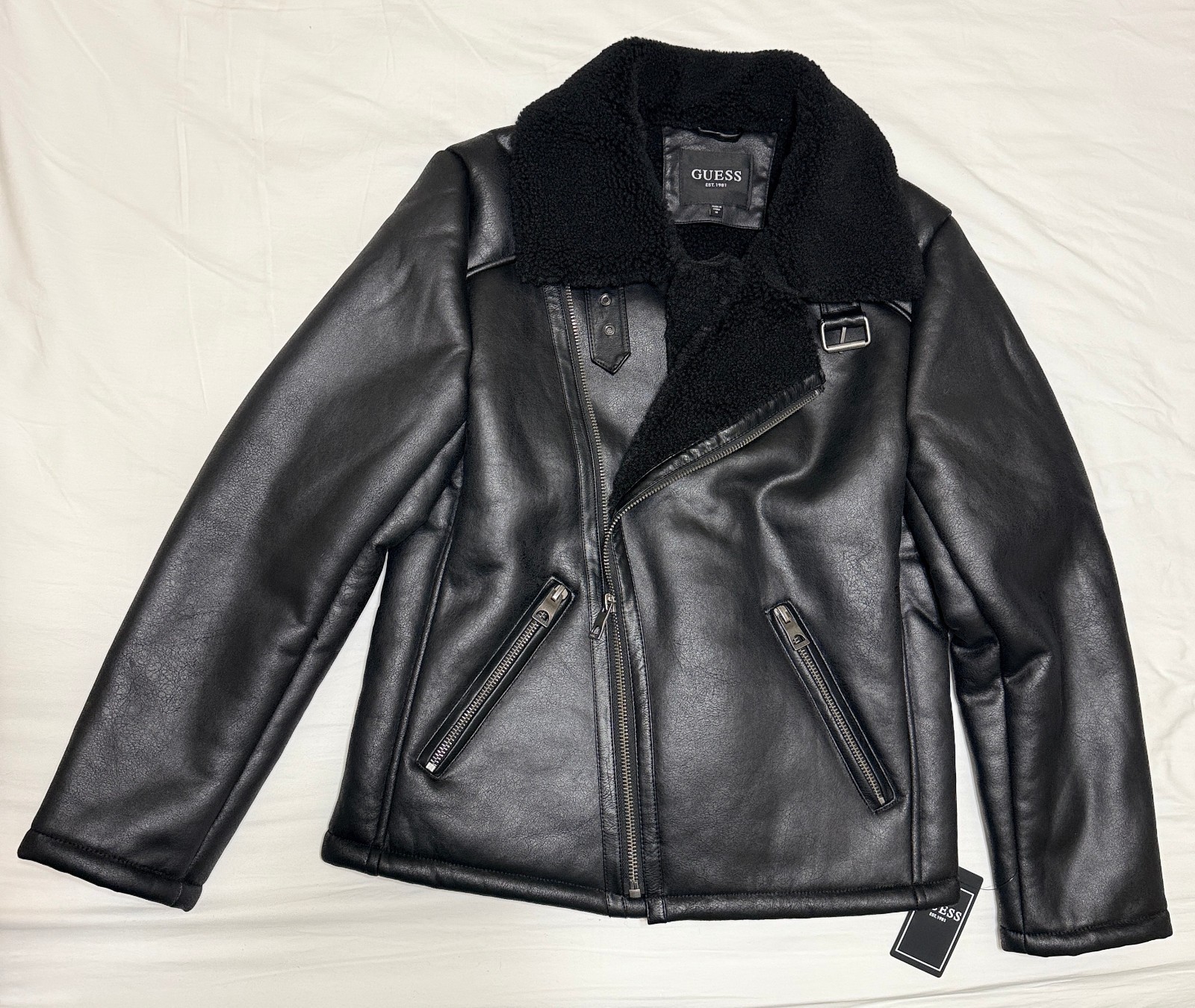 Guess Men's Size M Black Sherpa Lined Vegan Leather Moto Zip Bomber Jacket - New
