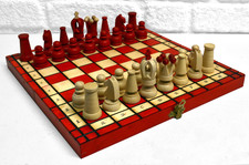 Wooden Chess Set with Folding Board, Complete. Red & Natural Wood Pieces.