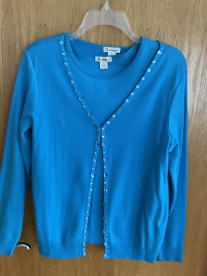BECHAMEL Womens Blue Cardigan & Shell Top~ Size Small ~ Jewel Trim ~ Cotton~2 Pc