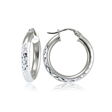 Sterling Silver 3mm Diamond Cut Round Hoop Earrings, 25mm