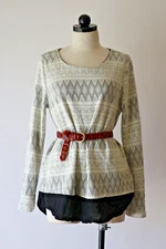 Pleione White Black Cotton Jersey Geometric Diamond Tunic Top Blouse Women L