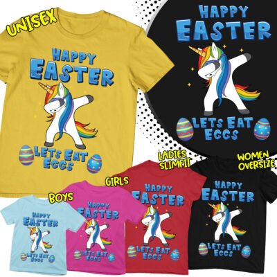 Ausgefallenes T-Shirt Einhorn Frohe Ostern Frühlingsfest Lets Eat Ei Familie #ED17