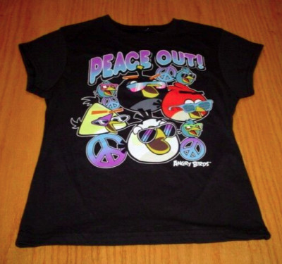 New Angry Birds Peace Out Black T-Shirt Top Rovio Entertainment Girls size 7-8