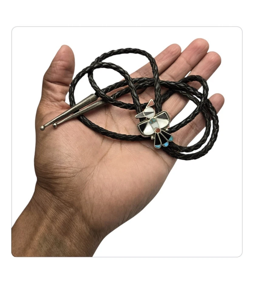 早期 Zuni attr.Dan Simplicio Bird Bolo Flush 马赛克镶嵌天然宝石 — 第 2/4 张图片