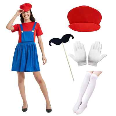 Mario Erwachsene Damen Kostüm Klempner Cosplay rot Kostüm Hut Handschuhe S
