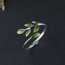 S925 Sterling Silver Burnt Blue Enamel Ring Elegant Green Leaf | Vintage Jewelry