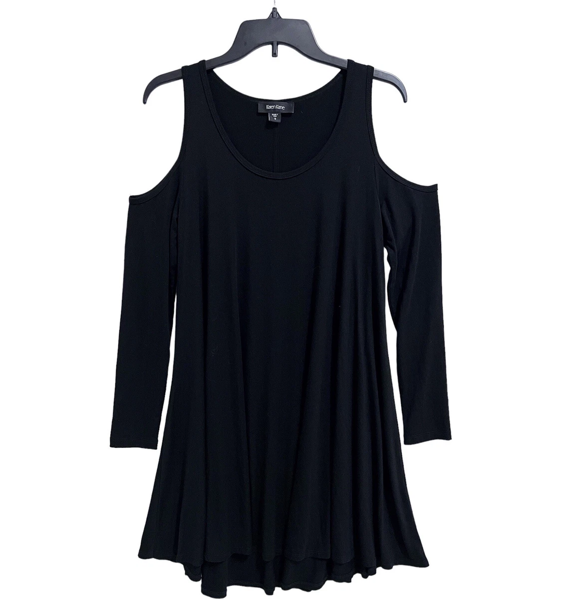 Karen Kane Black Dress Cold Shoulder Trapeze Flouncy Rayon Spandex Dress Size S