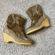Vintage Womens Fur Leather Boots 60s/70s Nylon Wedge Boots 5.5