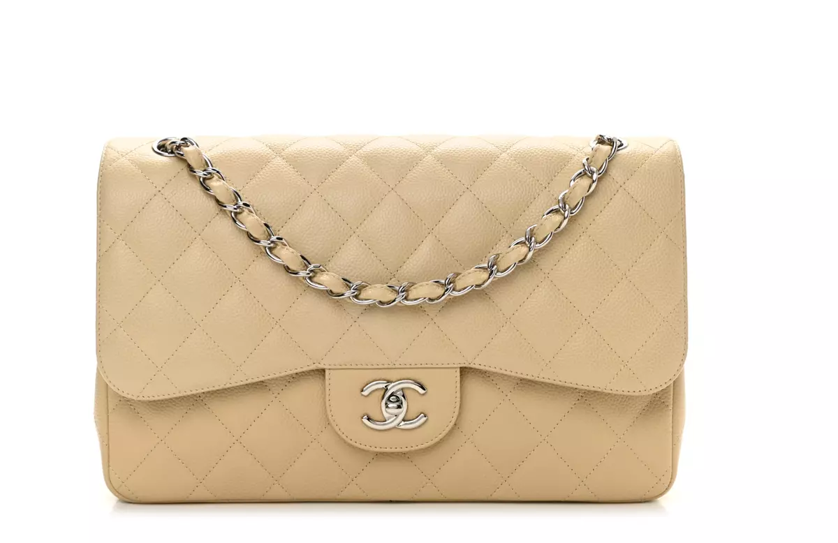 Excellent used CHANEL Beige Caviar PHW JUMBO Classic Double Flap