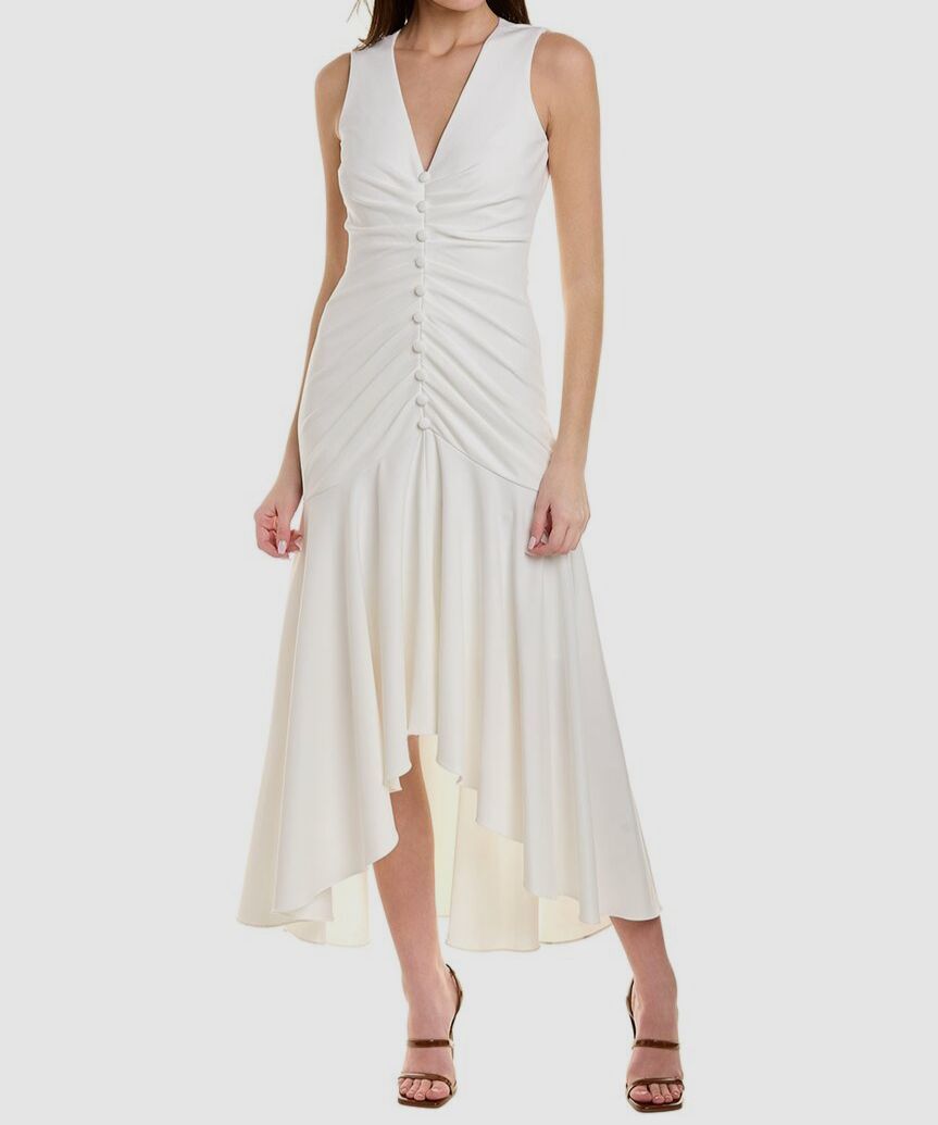 $495 Badgley Mischka Women's White Shirred Button Front Gown Dress Size 12