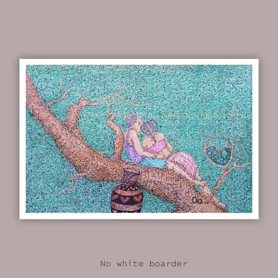 Ink Drawing of Two Couples, Wall Art ''Secret Love''  Watercolour painting
