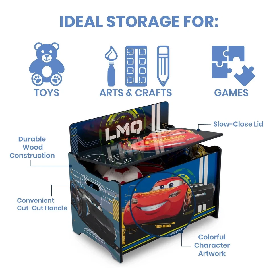 Disney Pixar Cars Deluxe Wooden Toy Box Storage Organizer For Children Kids NEW - Image 2 of 4