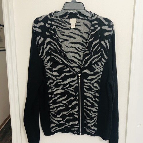 Chicos Eliza Animal Zip Up Knit Cardigan Sz 3 XL Zebra Black/Silver Sweater
