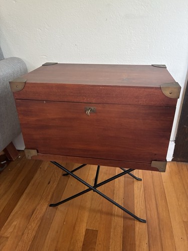 Vintage Antique Wood & Brass Campaign Travel Desk w/Iron Stand And Key