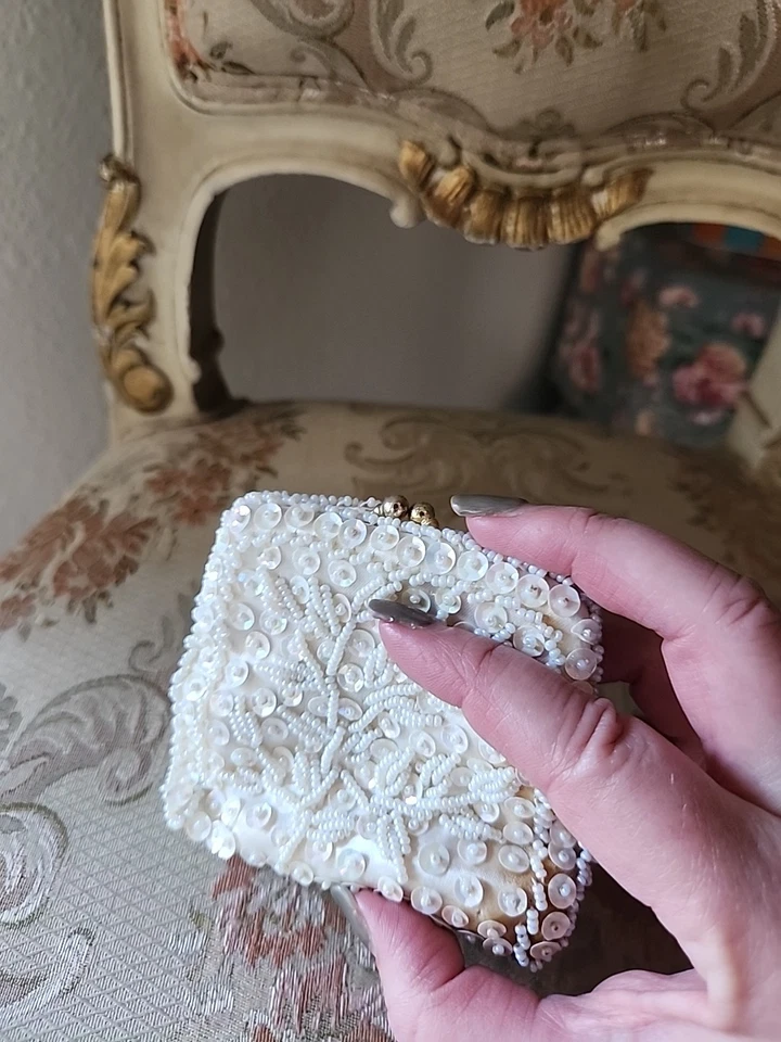 Tiny Vintage Clutch Coin Purse Aurora Borealis Sequins MCM Satin 1940s 1950s  - Image 2 of 4