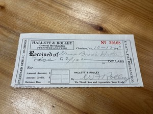 Hallett & Rolley Furniture And Feed Cheriton Va Receipt 1940