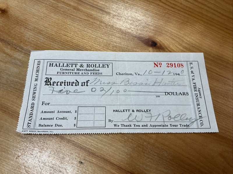 Hallett & Rolley Furniture And Feed Cheriton Va Receipt 1940
