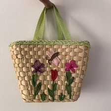Girls Summer straw tote purse embroidered flowers and butterfly; Cottage Core